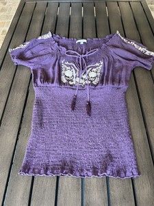 Papaya embroidered rayon short sleeves top S Purple
